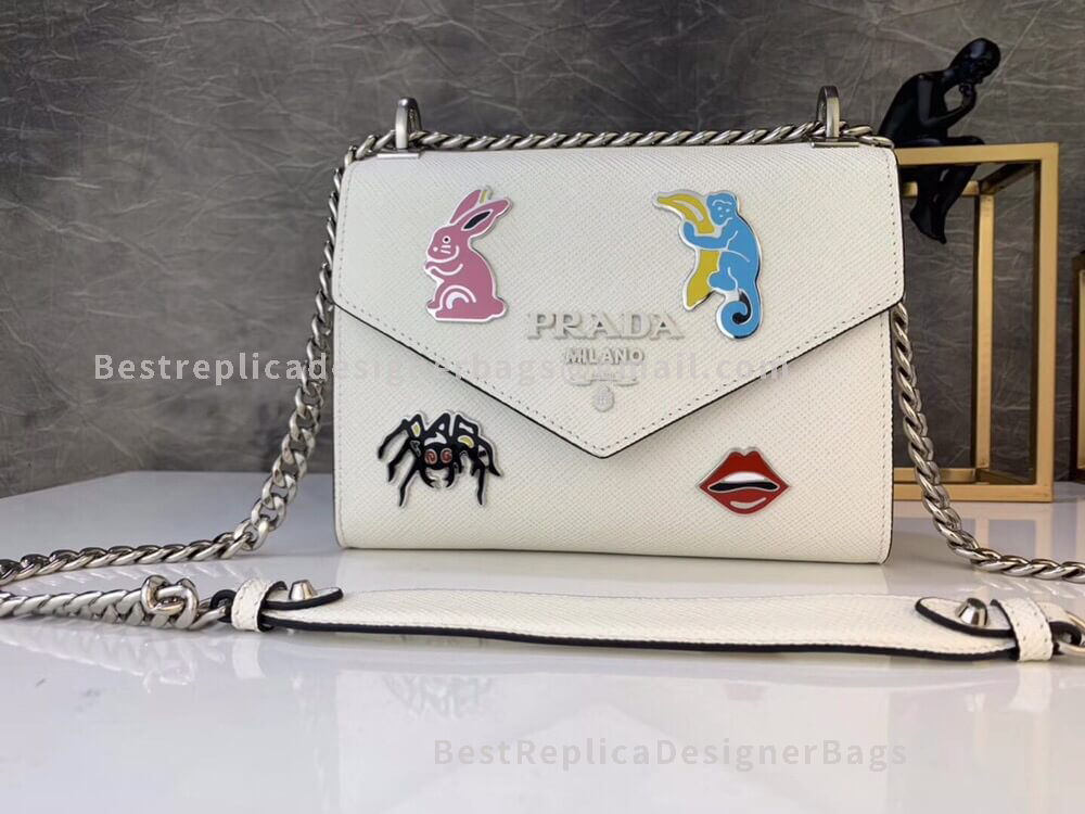 Prada White Monochrome Saffiano Leather Bag With Doll SHW 127